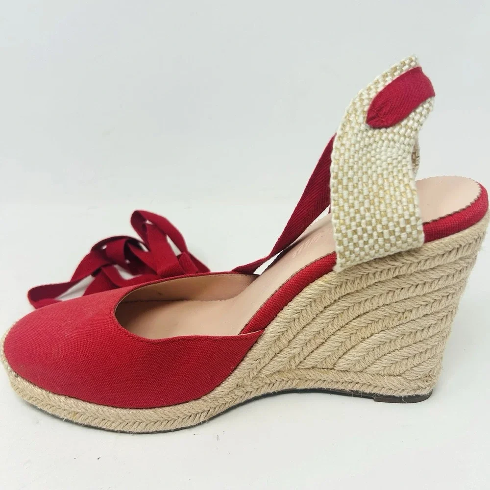 J Crew Espadrille Wedge Heels Size 10 Red Ankle Bow Ties AY315 Canvas Closed Toe